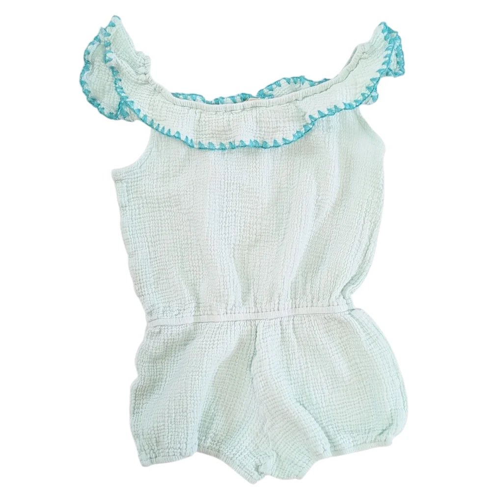 Eberjey Girls Nomad Off Shoulder Romper Ruffle Trim Shorts Gauzy Teal Blue 8